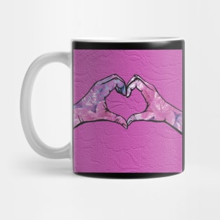 Heart Hands on Pink Lace Background Mug